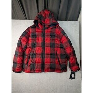NWT Tommy Hilfiger Puffer Jacket Men XXL Black Red Plaid Hooded (FREE SHIPPING)
